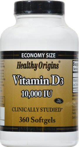 Healthy Origins Vitamin D3 10000 IU Softgels Supplement Perspective: front