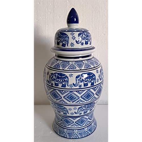 Cer, 14 H Elephant Temple Jar, Wht/Blu Perspective: front