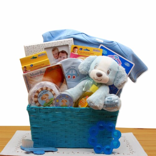 Puppy Love New Baby Gift Basket - Blue Perspective: front