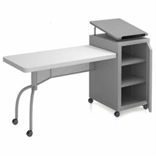 Oklahoma Sound Edupod Series Metal Teacher's Desk and Lectern Combo in Gray Perspective: front