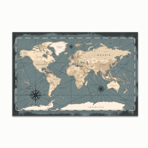 New View Blue and Ivory Stretched World Map Canvas Perspective: front