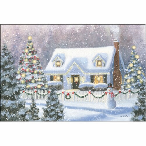 New View Snowy House Christmas Lighted Canvas Perspective: front