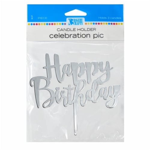 Bakery Crafts Silver Happy Birthday Celebration Pic Candle Holder Perspective: front