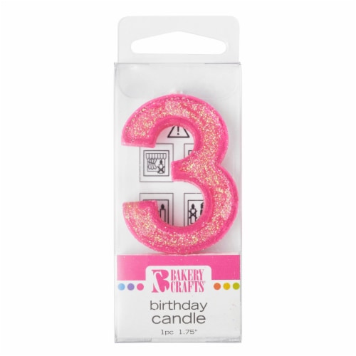 Bakery Crafts Glitter Pink 3 Birthday Candle Perspective: front
