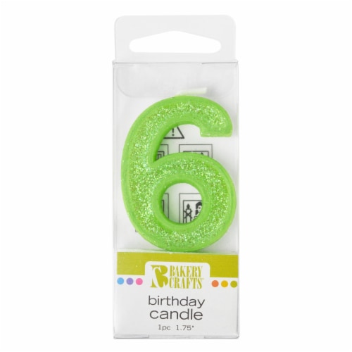 Bakery Crafts Glitter Green 6 Birthday Candle Perspective: front