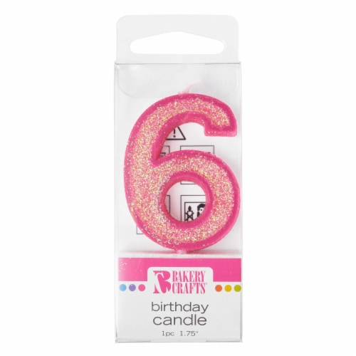 Balery Crafts Glitter Pink 6 Birthday Candle Perspective: front