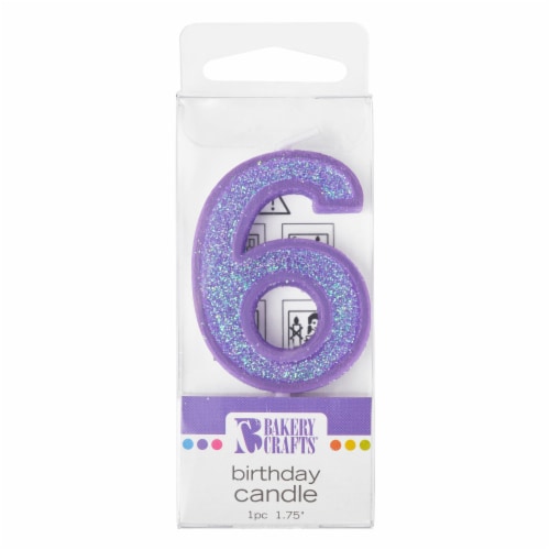 Bakery Crafts Glitter Purple 6 Birthday Candle Perspective: front