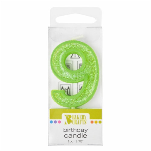 Bakery Crafts Glitter Green 9 Birthday Candle Perspective: front
