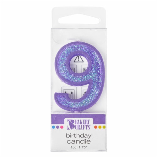Bakery Crafts Glitter Purple 9 Birthday Candle Perspective: front