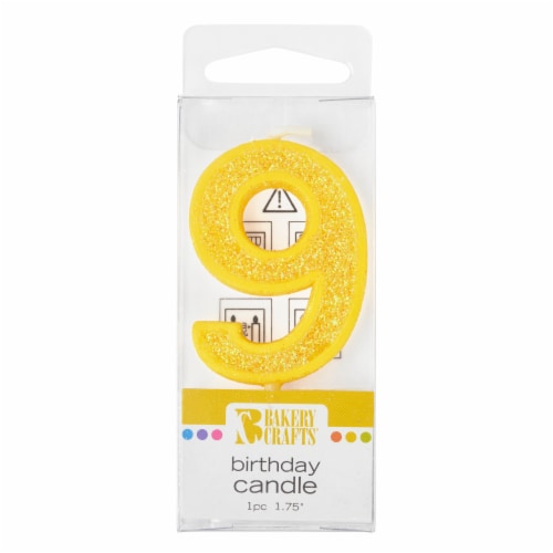 Bakery Crafts Glitter Yellow 9 Birthday Candle Perspective: front