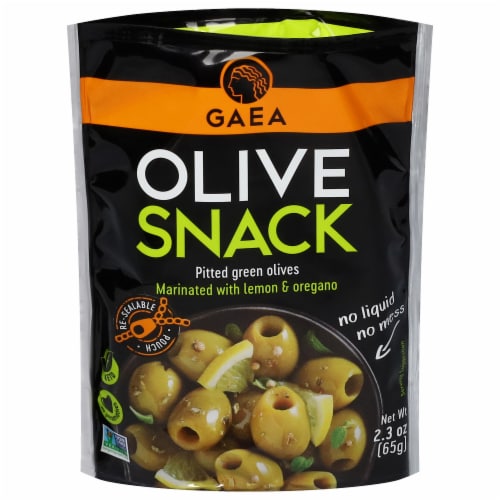 Gaea Pitted Green Olive Snack Pouch Marinated with Lemon & Oregano Perspective: front