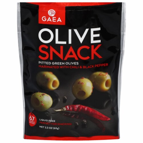 Gaea Pitted Green Olives Marinated with Chili & Black Pepper Perspective: front