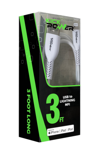 KickPower® USB to Lightning 3 Foot Charging Cable Perspective: front