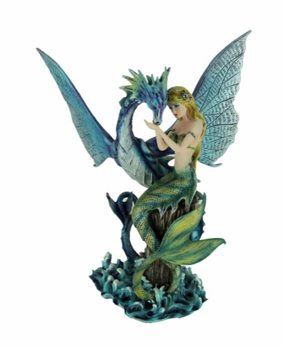 Mermaid Sitting with Blue Sea Dragon Statue Perspective: front