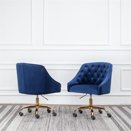 Blue Velvet Swivel Office Desk Chair Gold Base Wheels