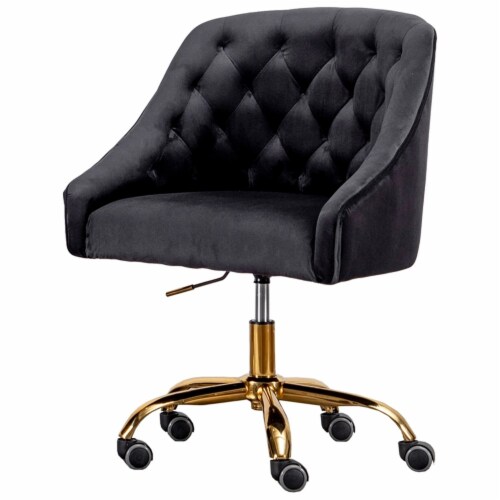 Black Velvet Tufted Swivel Task Chair with Gold Base and Wheels 1