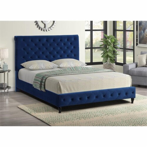 Ashley Tufted Velvet Fabric King Platform Bed in Blue Perspective: front