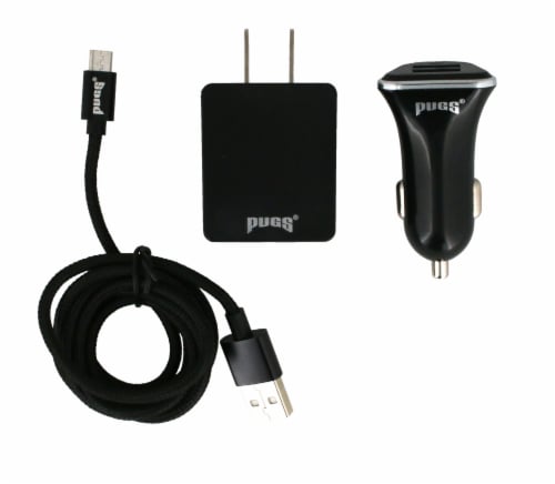 Pugs Gear 3 in 1 Micro Cable Car and Wall Charger - Black Perspective: front