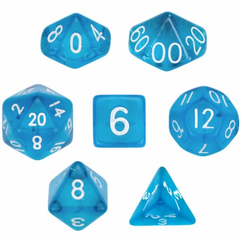 7 Die Polyhedral Dice Set  in Velvet Pouch- Translucent Blue Perspective: front