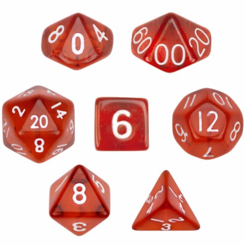 7 Die Polyhedral Dice Set  in Velvet Pouch- Translucent Red Perspective: front