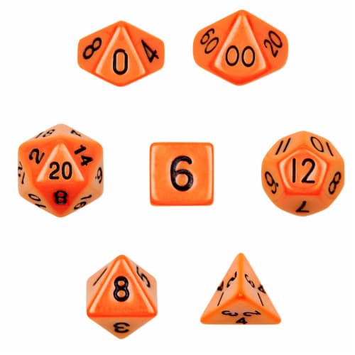 7 Die Polyhedral Dice Set in Velvet Pouch- Opaque Orange Perspective: front