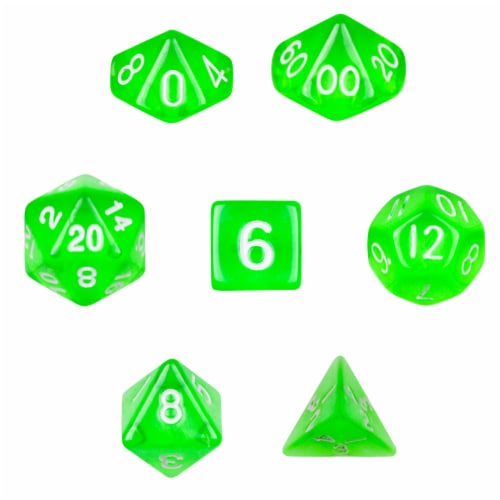 7 Die Polyhedral Dice Set in Velvet Pouch- Translucent Green Perspective: front