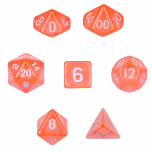 7 Die Polyhedral Set  in Velvet Pouch-Translucent Orange Perspective: front
