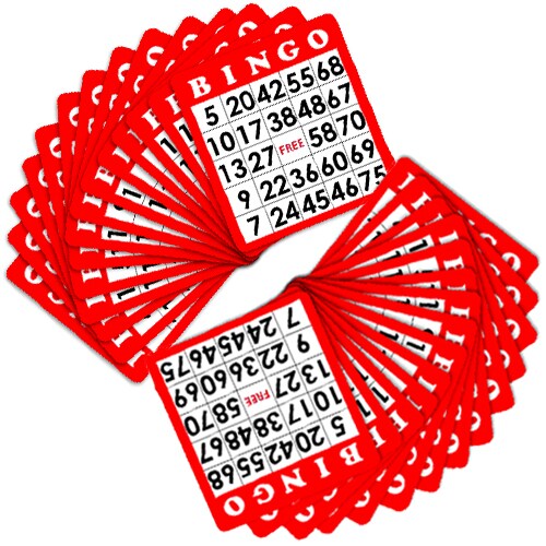 100 Pack of Red Bingo Cards Perspective: front