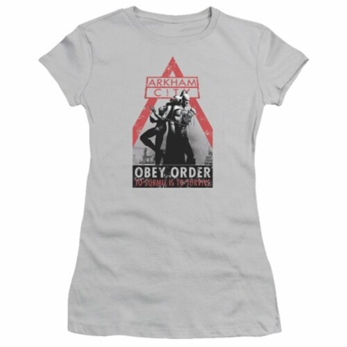 Trevco Arkham City-Obey Order - Short Sleeve Junior Sheer Tee - Silver- Small Perspective: front