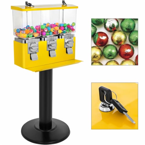 Yellow Triple Bulk Candy Vending Machine Coin Mechanisms Three-Head Dispenser Perspective: front