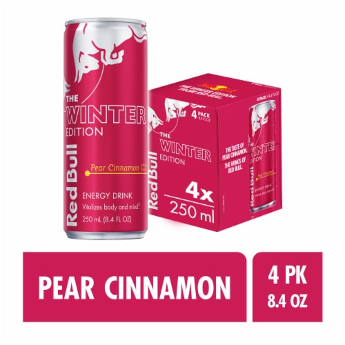 Red Bull Winter Edition Pear Cinnamon Energy Drink Cans Perspective: front