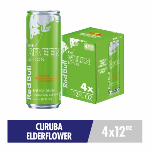 Red Bull Green Edition Curuba Elderflower Energy Drink Cans Perspective: front