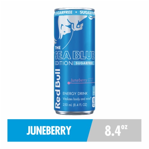 Red Bull Sea Blue Edition Sugar Free Energy Drink Juneberry Can Perspective: front