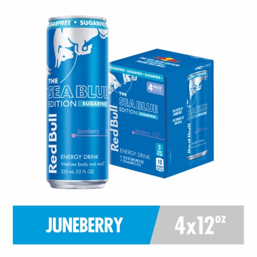 Red Bull Sea Blue Edition Sugar Free Energy Drink Juneberry Cans Perspective: front