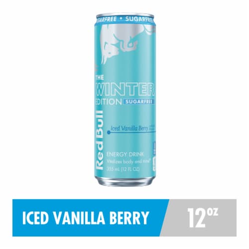 Red Bull Winter Edition Sugar Free Iced Vanilla Berry Energy Drink Can Perspective: front