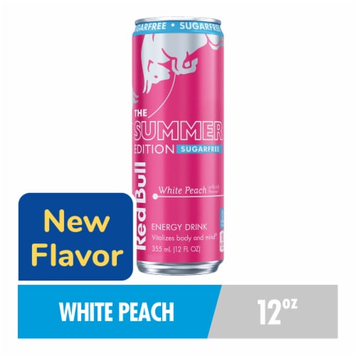 Red Bull Summer Edition Sugarfree Energy Drink White Peach Can Perspective: front