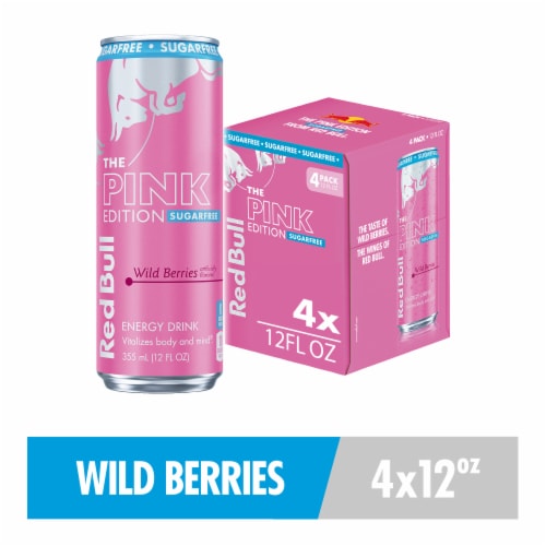 Red Bull Pink Edition Sugar Free Energy Drink Wild Berries Cans Perspective: front
