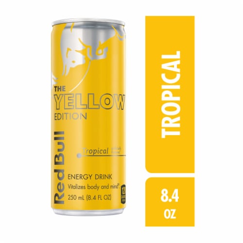 Red Bull Yellow Edition Tropical Energy Drink Can Perspective: front