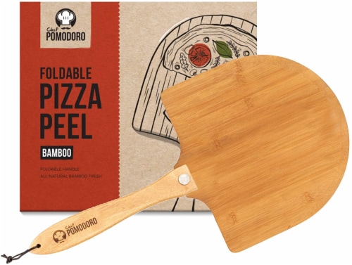 Chef Pomodoro Bamboo Pizza Paddle with Foldable Wood Handle for Easy Storage Perspective: front