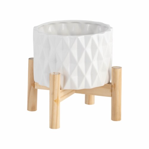 6  Ceramic Diamond Planter W/ Wood Stand, White Perspective: front