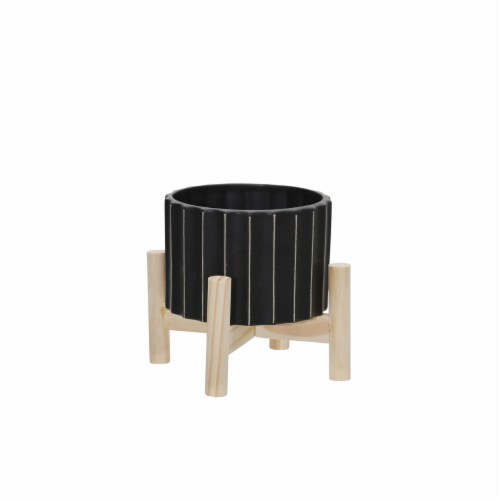 6  Ceramic Fluted Planter W/ Wood Stand, Black Perspective: front