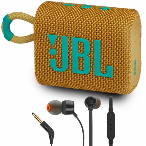 JBL Go 3 Portable Bluetooth Speaker Yellow with JBL T110 in Ear