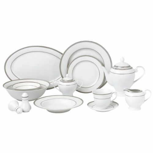Lorenzo Import Ashley-57 57 Piece Border Porcelain Dinnerware Set, Silver - Service for 8 Ash Perspective: front