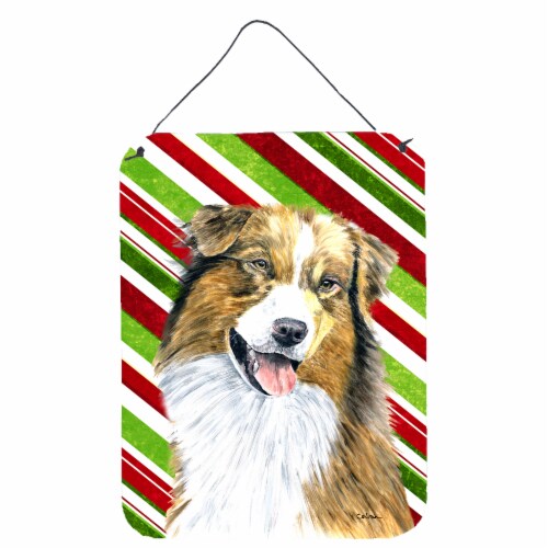 Australian Shepherd Candy Cane Holiday Christmas Wall or Door Hanging Prints, 16HX12W Fry’s