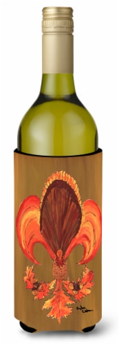Thanksgiving Turkey and Fall Leaves Fleur de lis Wine Bottle Hugger Perspective: front