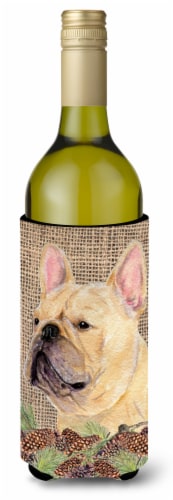 French Bulldog on Faux Burlap with Pine Cones Wine Bottle Hugger Perspective: front