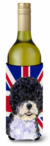 Portuguese Water Dog with English Union Jack British Flag Wine Bottle Hugger Perspective: front