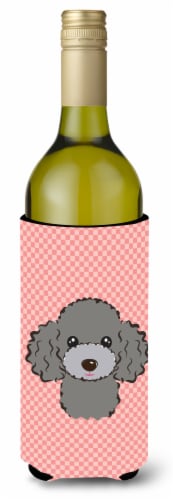 Checkerboard Pink Silver Gray Poodle Wine Bottle Beverage Insulator Hugger Perspective: front