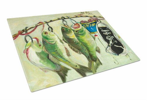 Recession Food Fish caught with Spam Glass Cutting Board Large Perspective: front