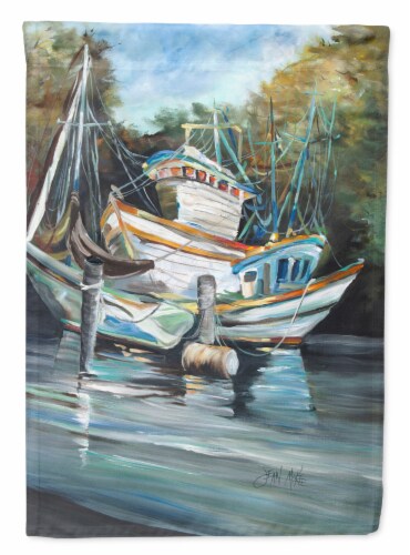 Carolines Treasures JMK1152GF Shrimpers Cove and Shrimp Boats Garden Flag Perspective: front